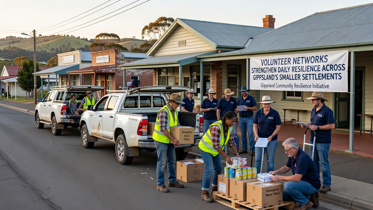 Volunteers assisting with flood barrier setup along a Gippsland riverbank in a small settlement