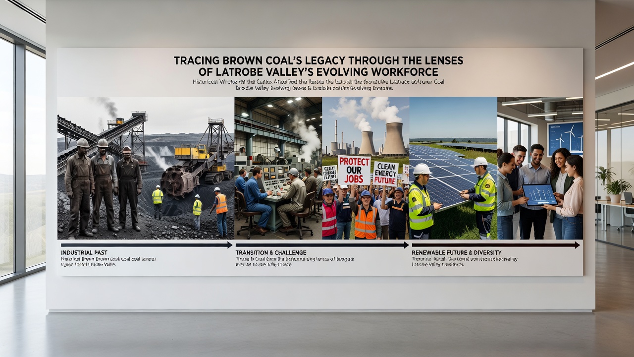 Modern Latrobe Valley workers installing renewable energy infrastructure alongside rehabilitated mine land