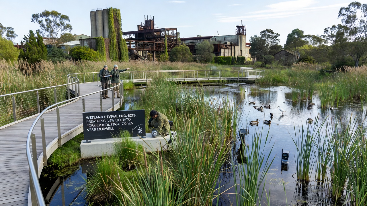 Close-up of native wetland plants and waterfowl in a revived industrial zone wetland near Morwell